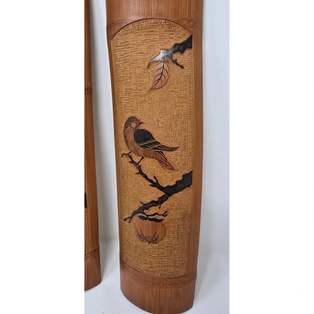 Vtg Japanese carved bamboo wall decor birds Wabi Sabi Boho Chic Eco-Friendly